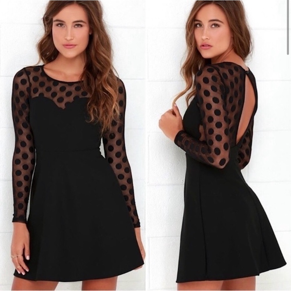 Lulus Black Polka Dot Long Sleeve Skater Dress